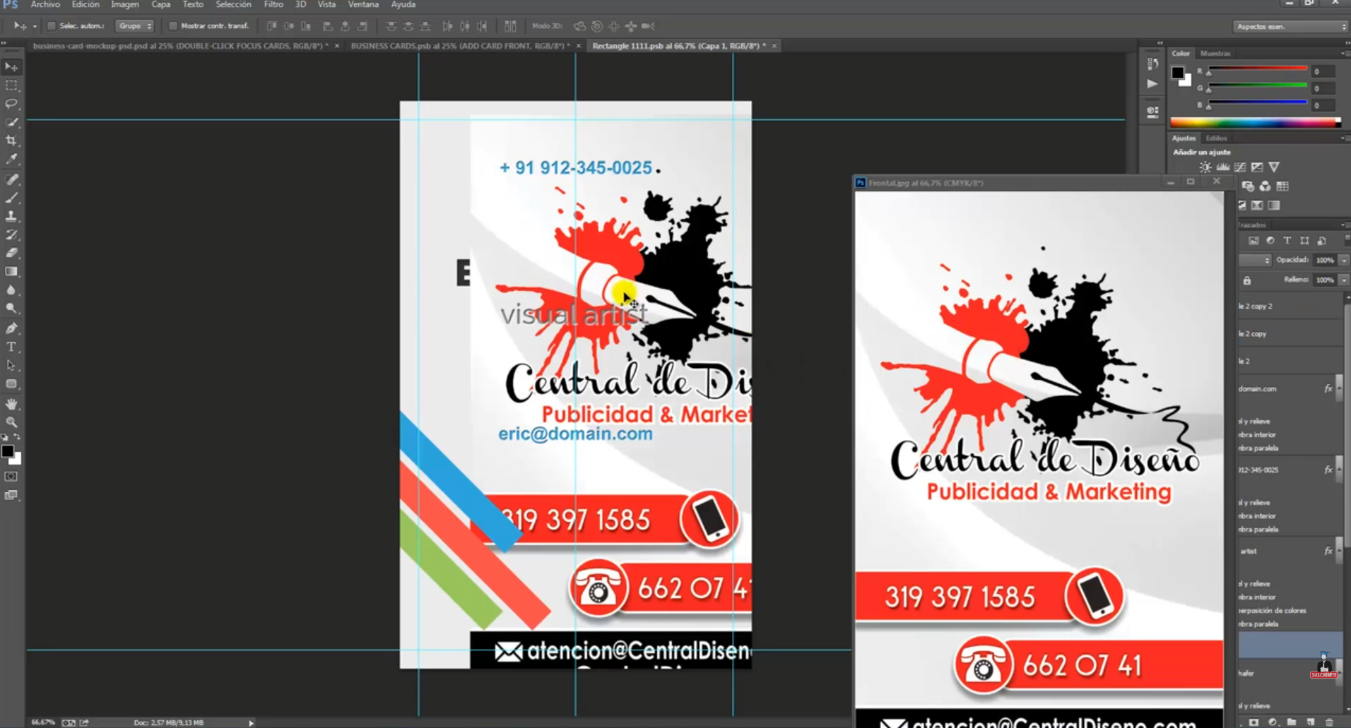 Un diseño de tarjeta de visita siendo arrastrado y ajustado dentro de la pestaña del objeto inteligente en Photoshop.