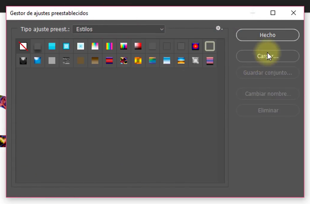 Gestor de ajustes preestablecidos para cargar e instalar nuevos estilos en Photoshop.