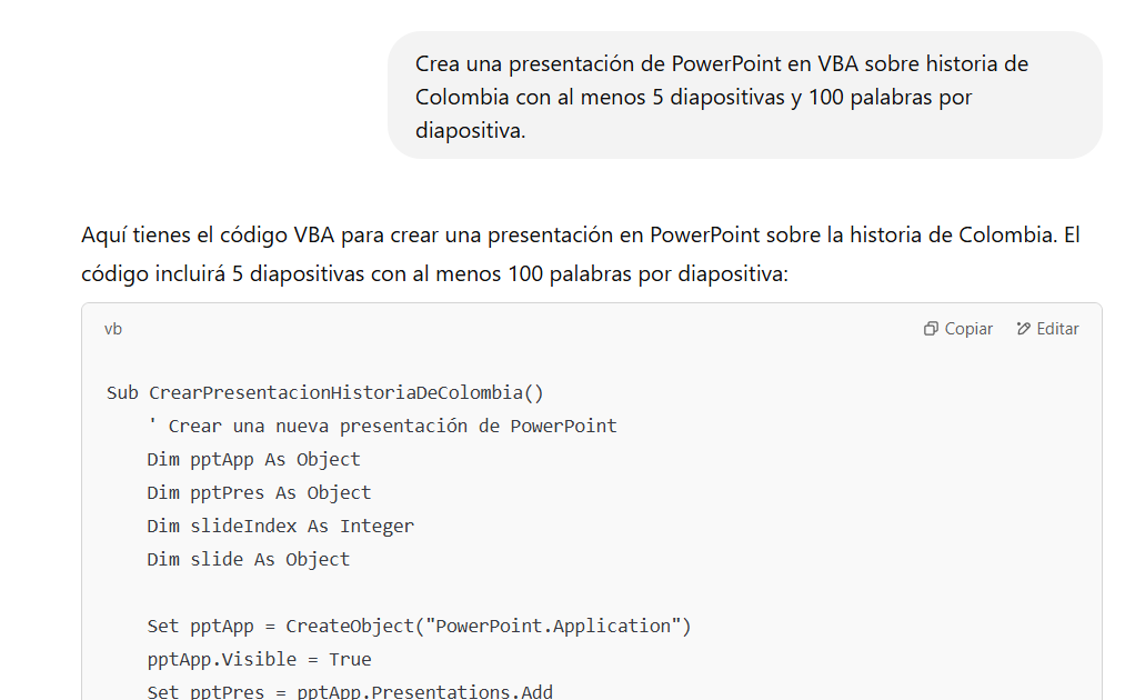 alt="Crear presentaciones automáticas con IA: Código generado por ChatGPT."