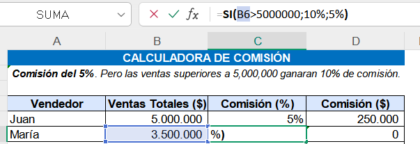 Uso de la función SI en WPS Sheets/Excel para calcular comisiones basadas en las ventas totales.