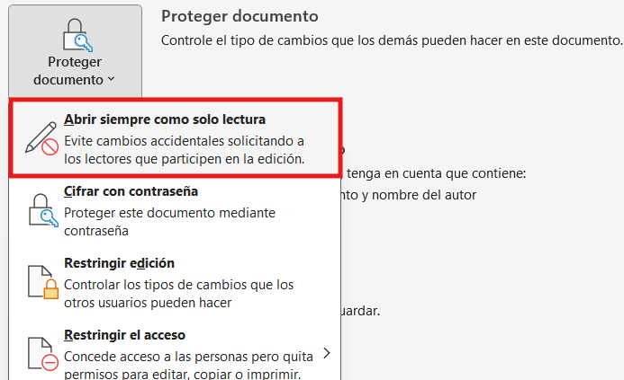 Menú Proteger documento en Word, opción Abrir siempre como solo lectura resaltada.