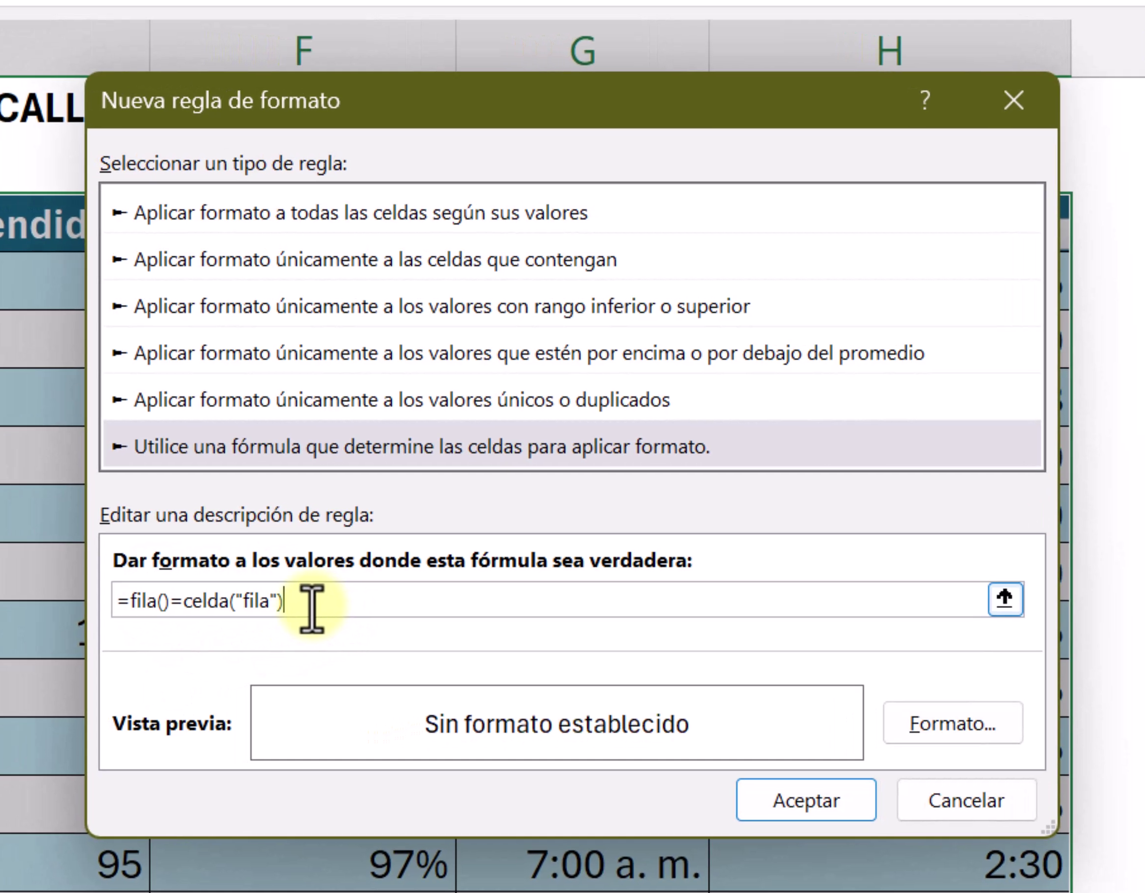 nueva regla con función formato condicional con función