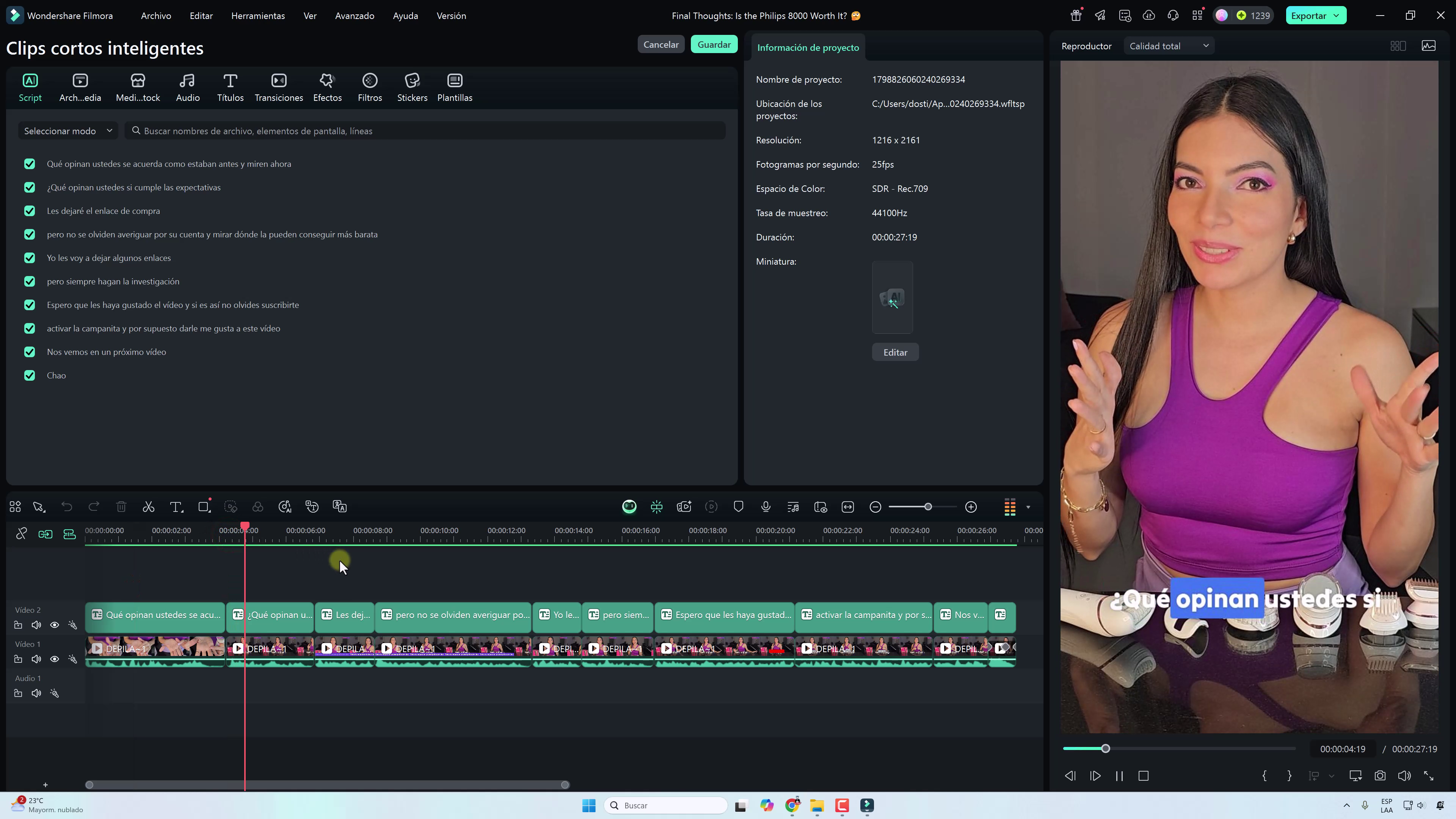 Editar Short Video IA Filmora Edición de un short video generado por IA en la línea de tiempo de Filmora.