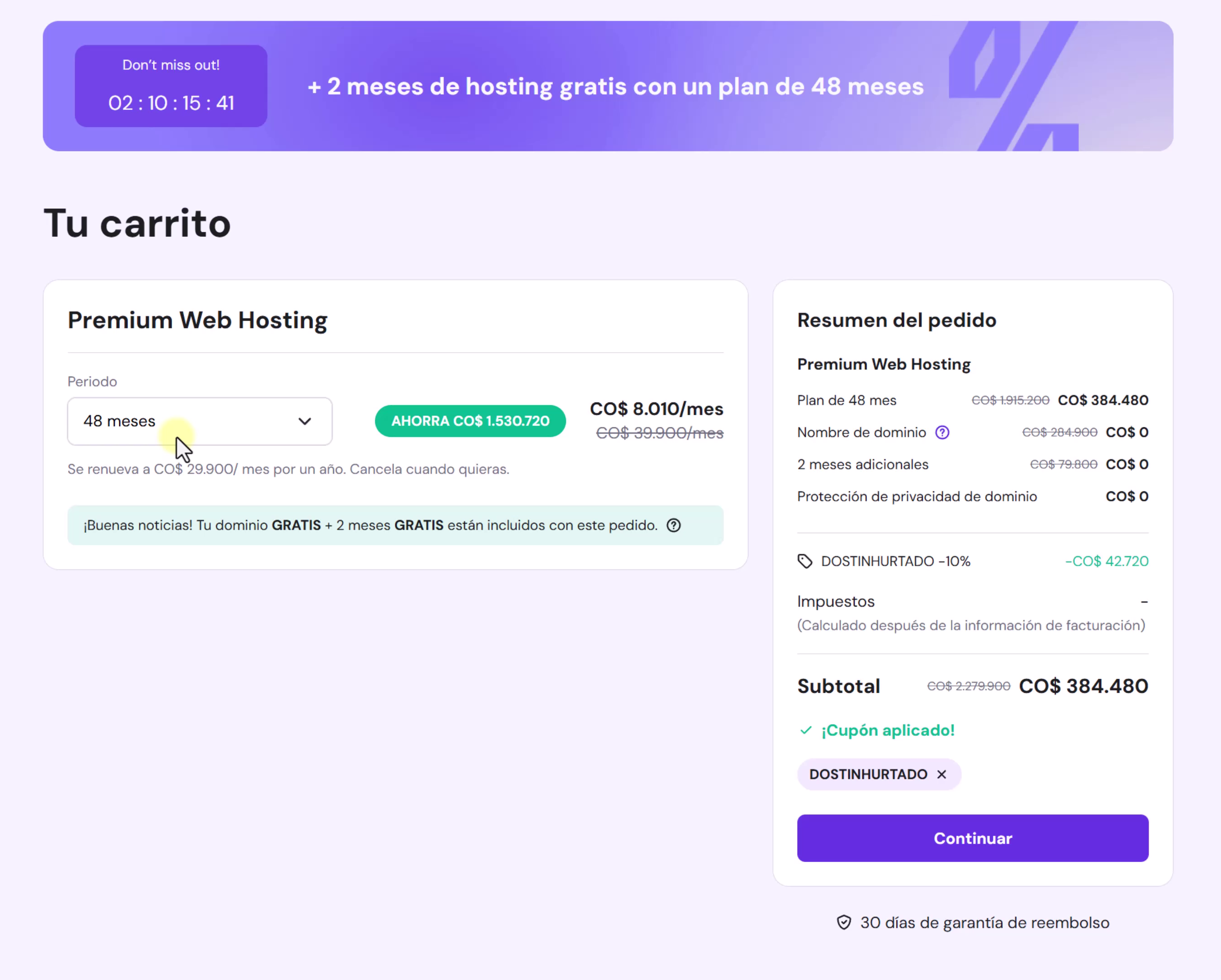 Ahorro en hosting al contratar a largo plazo Comparativa de precios de hosting de Hostinger que muestra el ahorro al contratar por 48 meses y revela los costos reales de una página web.