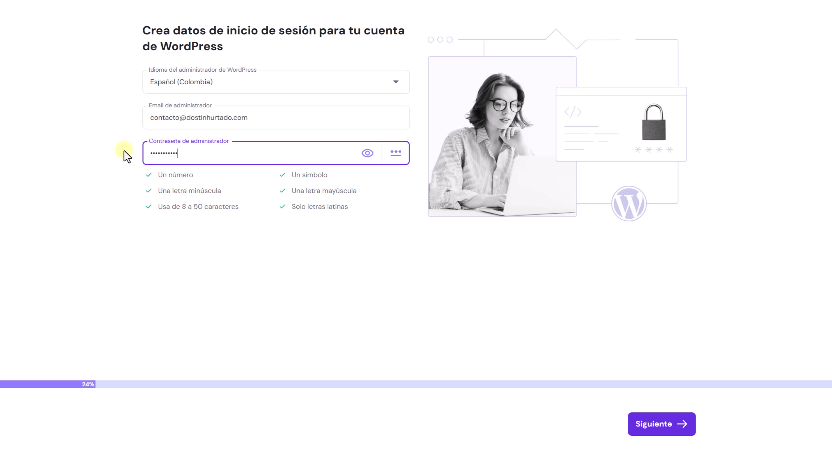 Instalación de WordPress completada Pantalla de confirmación de la instalación de WordPress en Hostinger, el primer paso para configurar WordPress multisite.