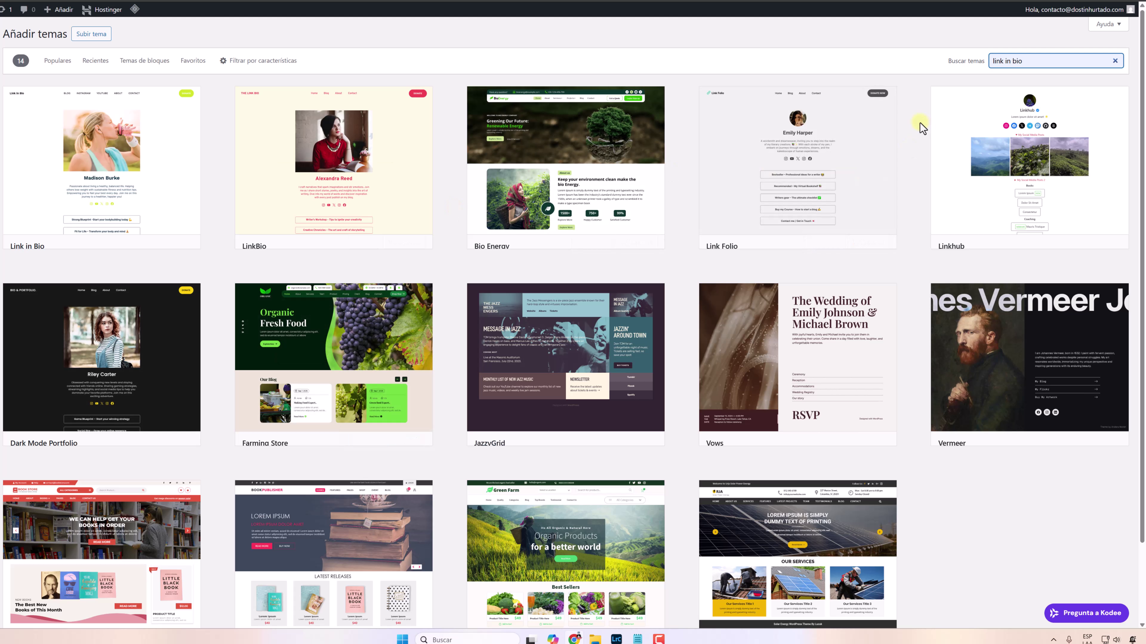 Instalación de un tema gratuito de tipo "link in bio" en el repositorio de WordPress.