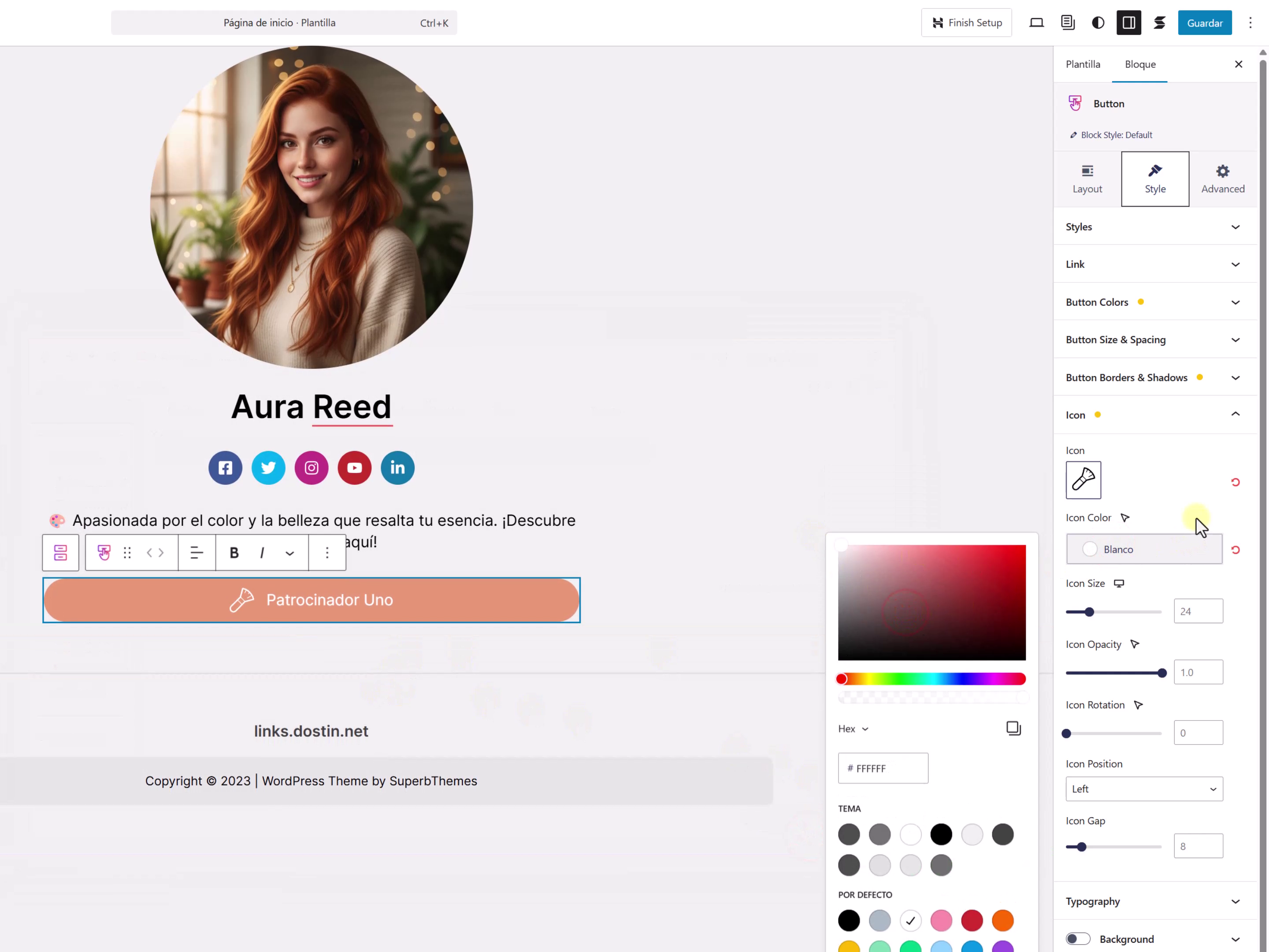 Botones de enlace personalizados con iconos SVG y bordes redondeados en una página de link in bio.