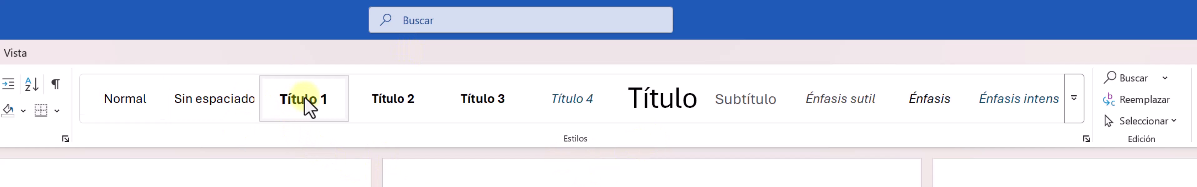 Aplicar Estilos Título 1 y Título 2 en Word. Una captura de pantalla mostrando la galería de Estilos en la pestaña Inicio de Microsoft Word, con los estilos Título 1 y Título 2 resaltados.