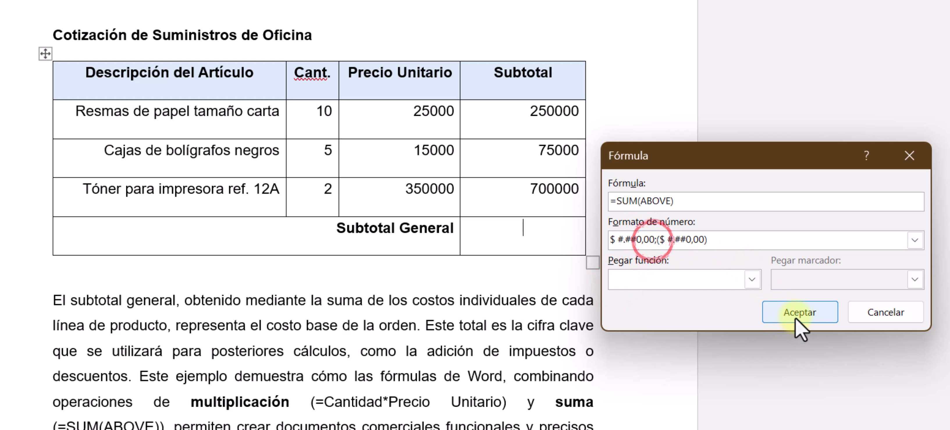 boton-formula-para-calcular-en-word Botón Fórmula (fx) dentro de la pestaña Disposición en Word.