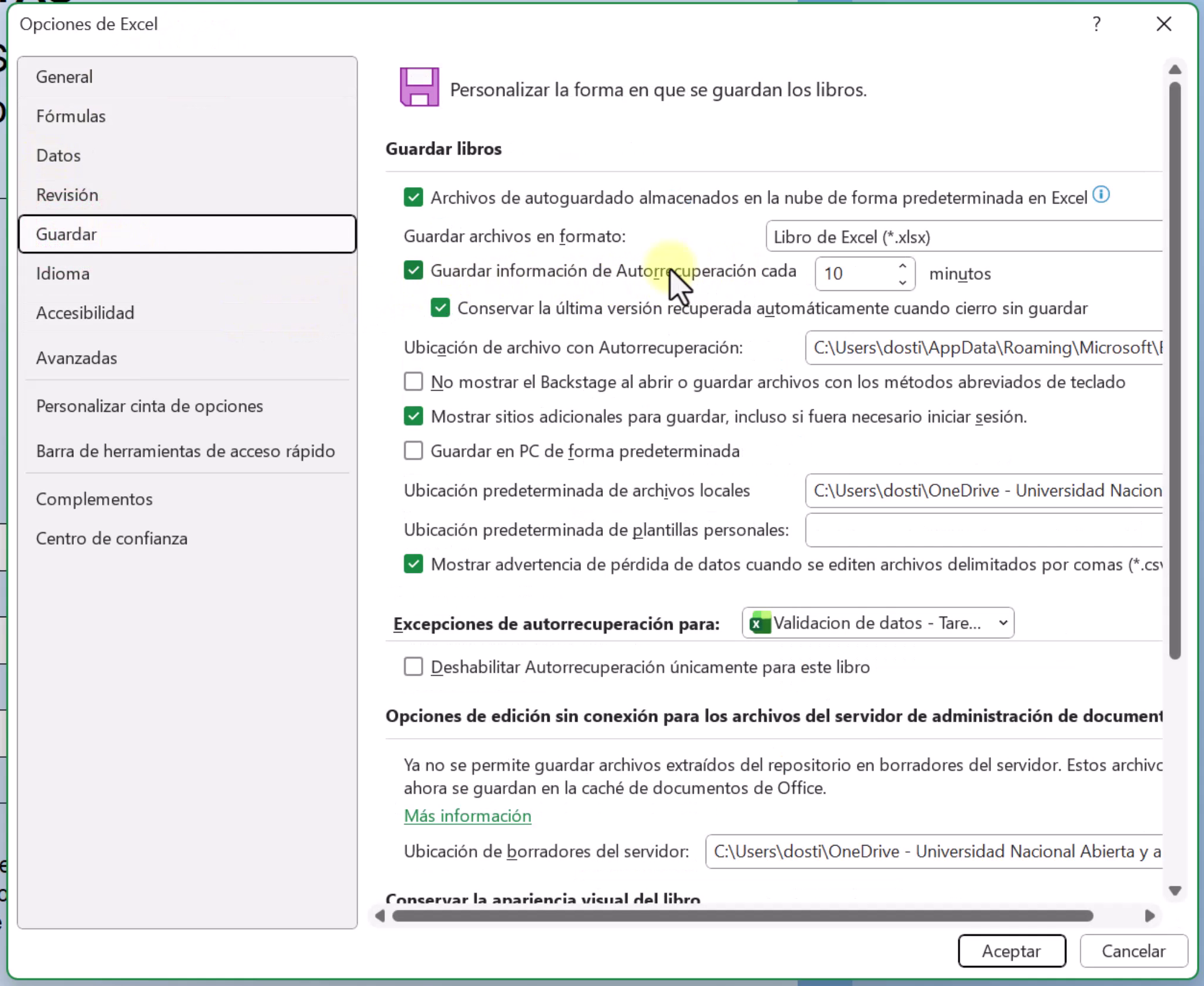Ventana de Opciones de Excel mostrando la pestaña Guardar y la configuración de Autorrecuperación.