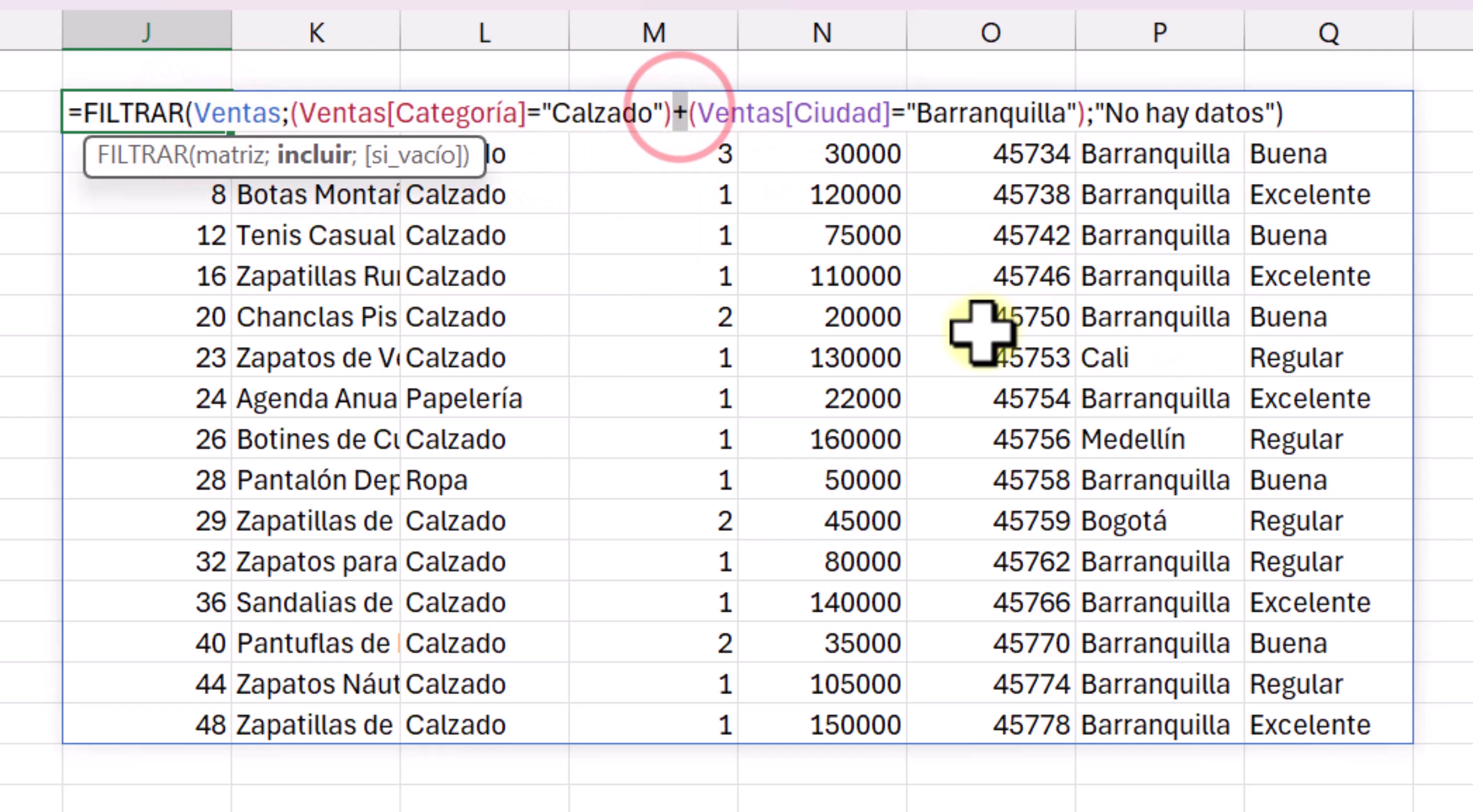Función FILTRAR de Excel con múltiples condiciones usando el asterisco para la lógica Y.