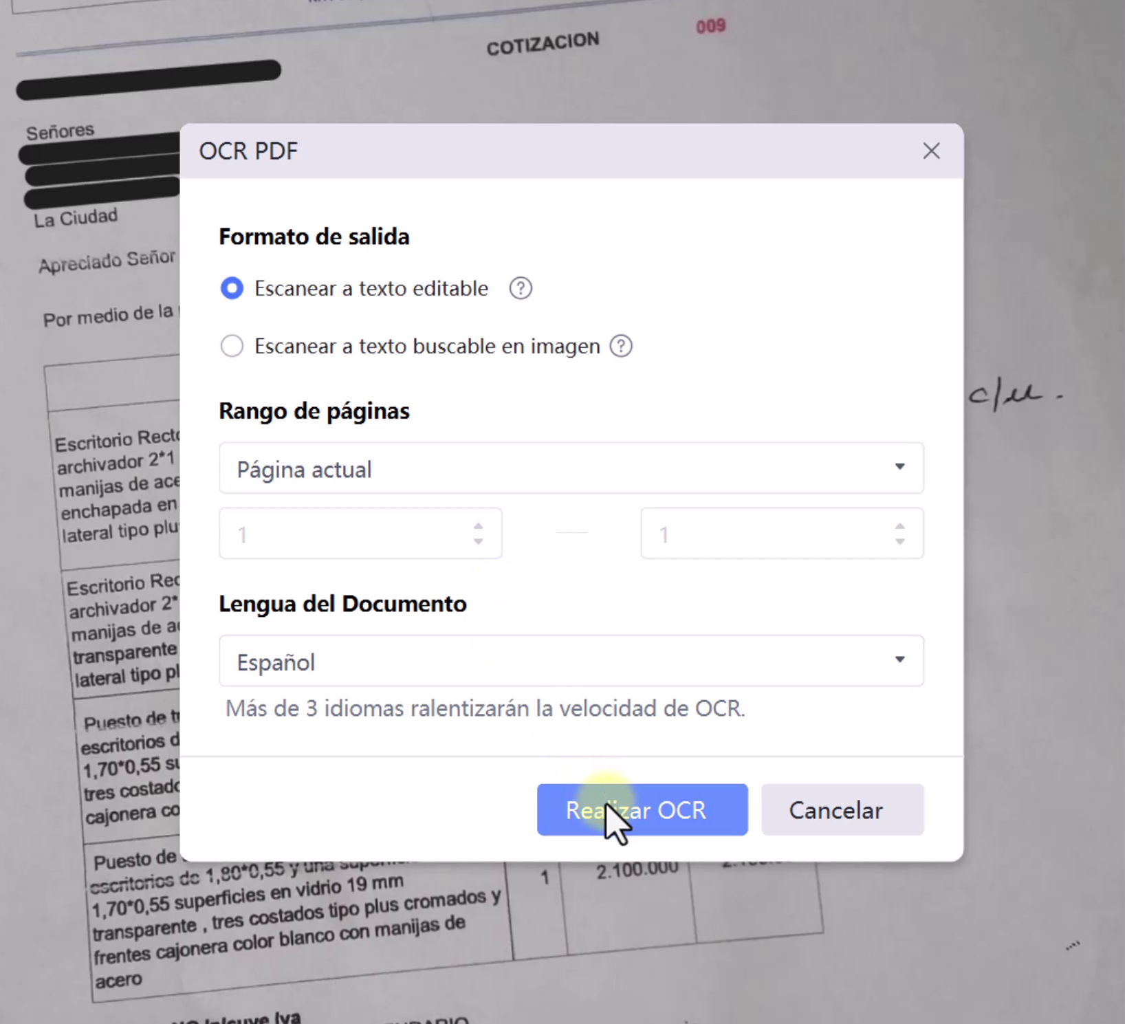 configuracion-ocr-pdnop Ventana de configuración del editor PDF con OCR preciso PDNOP.