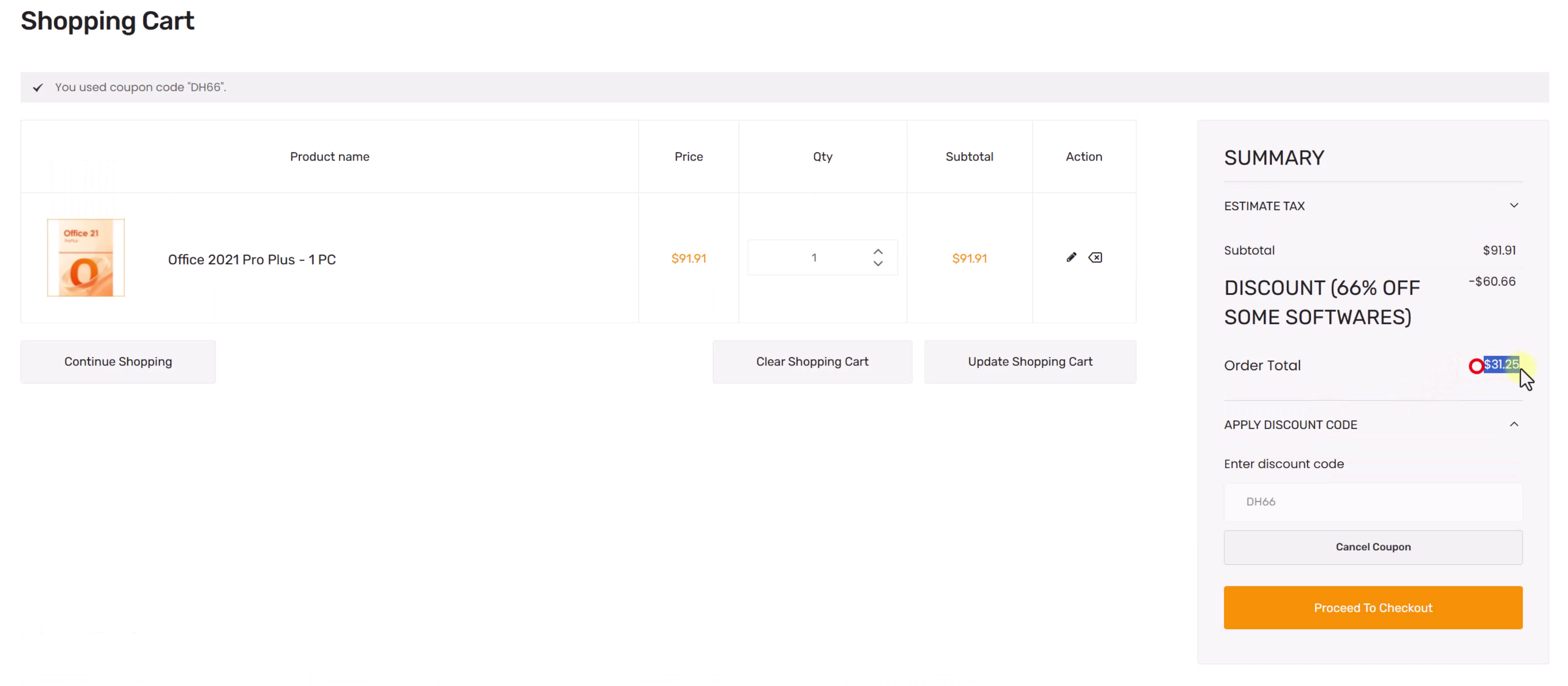 Aplicando cupón de descuento DH66 para Office 2021 en KeysFan