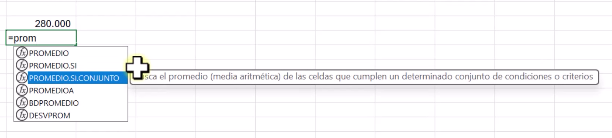 Funciones PROMEDIO.SI y CONTAR.SI Funciones relacionadas PROMEDIO.SI, PROMEDIO.SI.CONJUNTO y CONTAR.SI en la barra de fórmulas de Excel.