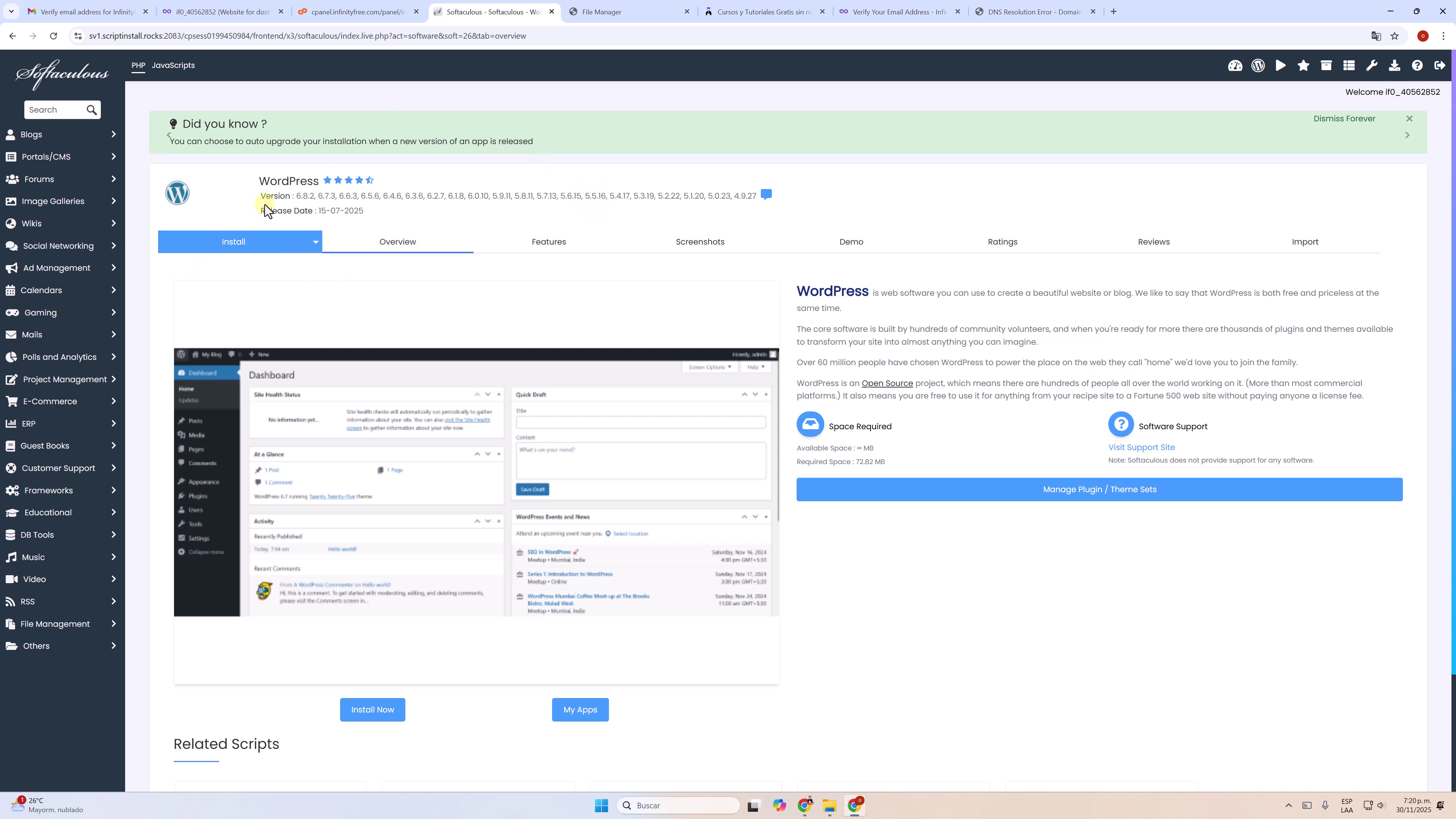 instalar-wordpress-hosting-gratis-softaculous. Instalación automática de WordPress con Softaculous.