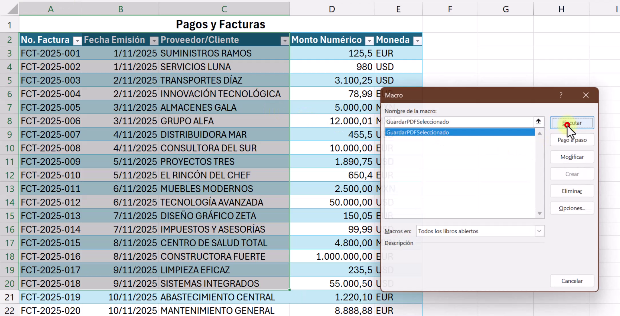 codigo-vba-exportar-pdf-excel Código VBA pegado en el editor de Visual Basic para exportar PDF