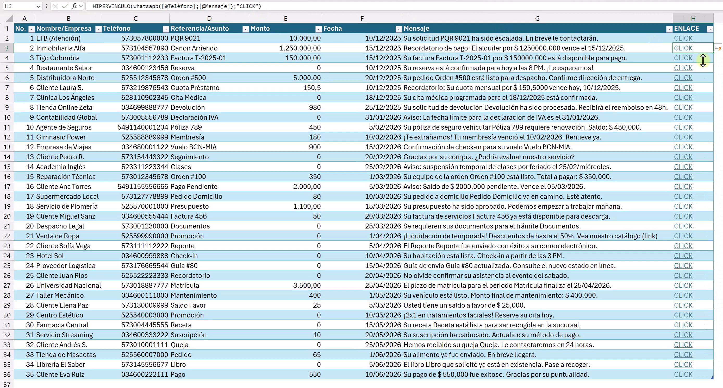 conectar-excel-con-whatsapp Creación de enlaces de WhatsApp en Excel con fórmula personalizada.