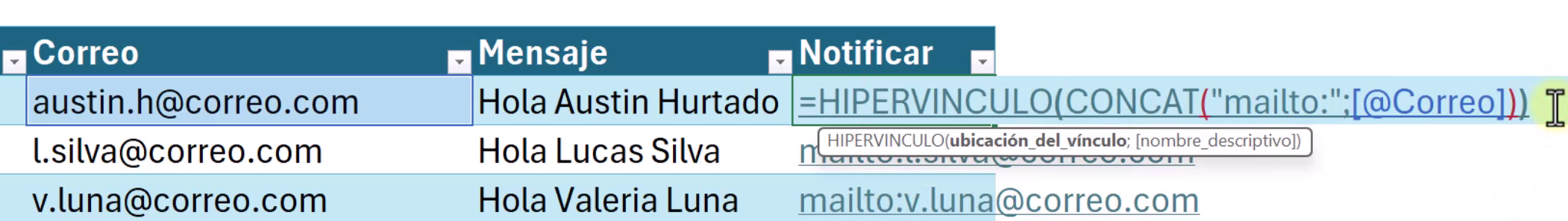 Creación de botón con función Hipervínculo para enviar correos desde Excel sin macros.
