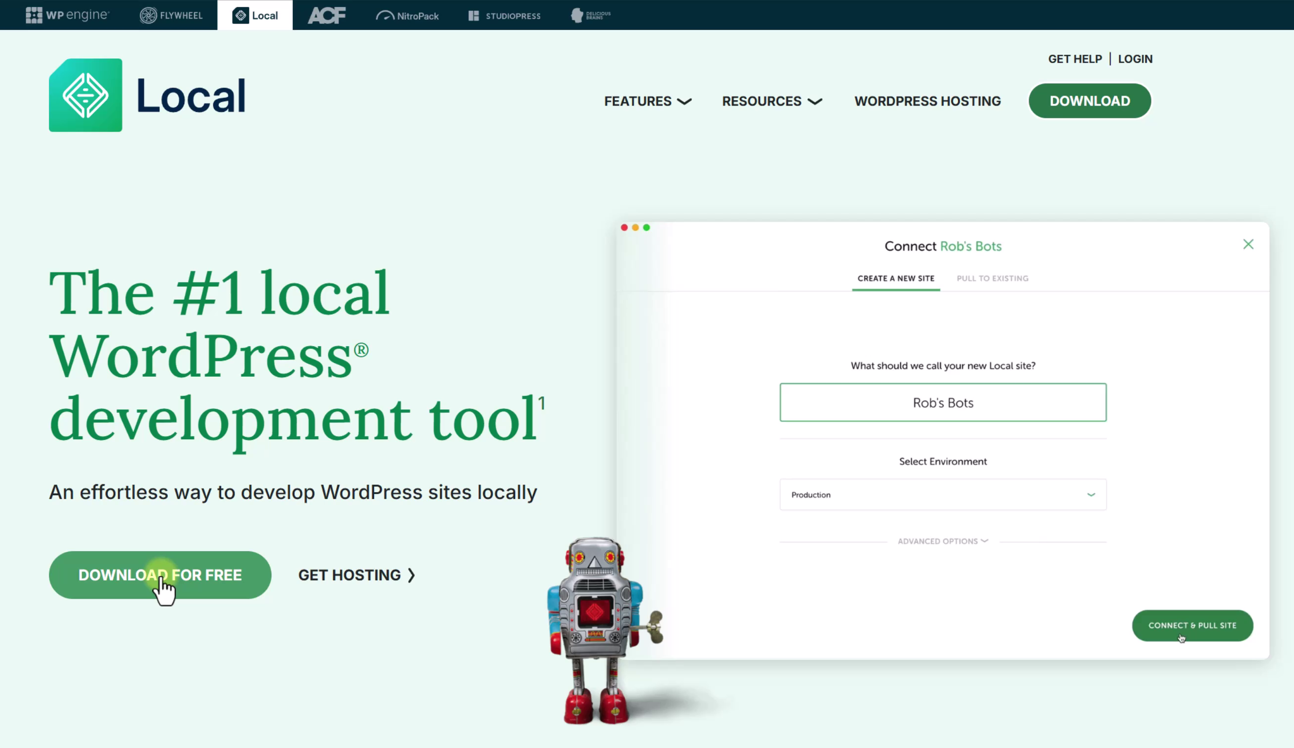 Descargar Local WP Sitio Oficial Página oficial de Local WP mostrando el botón de descarga gratuita para instalar WordPress en el ordenador.
