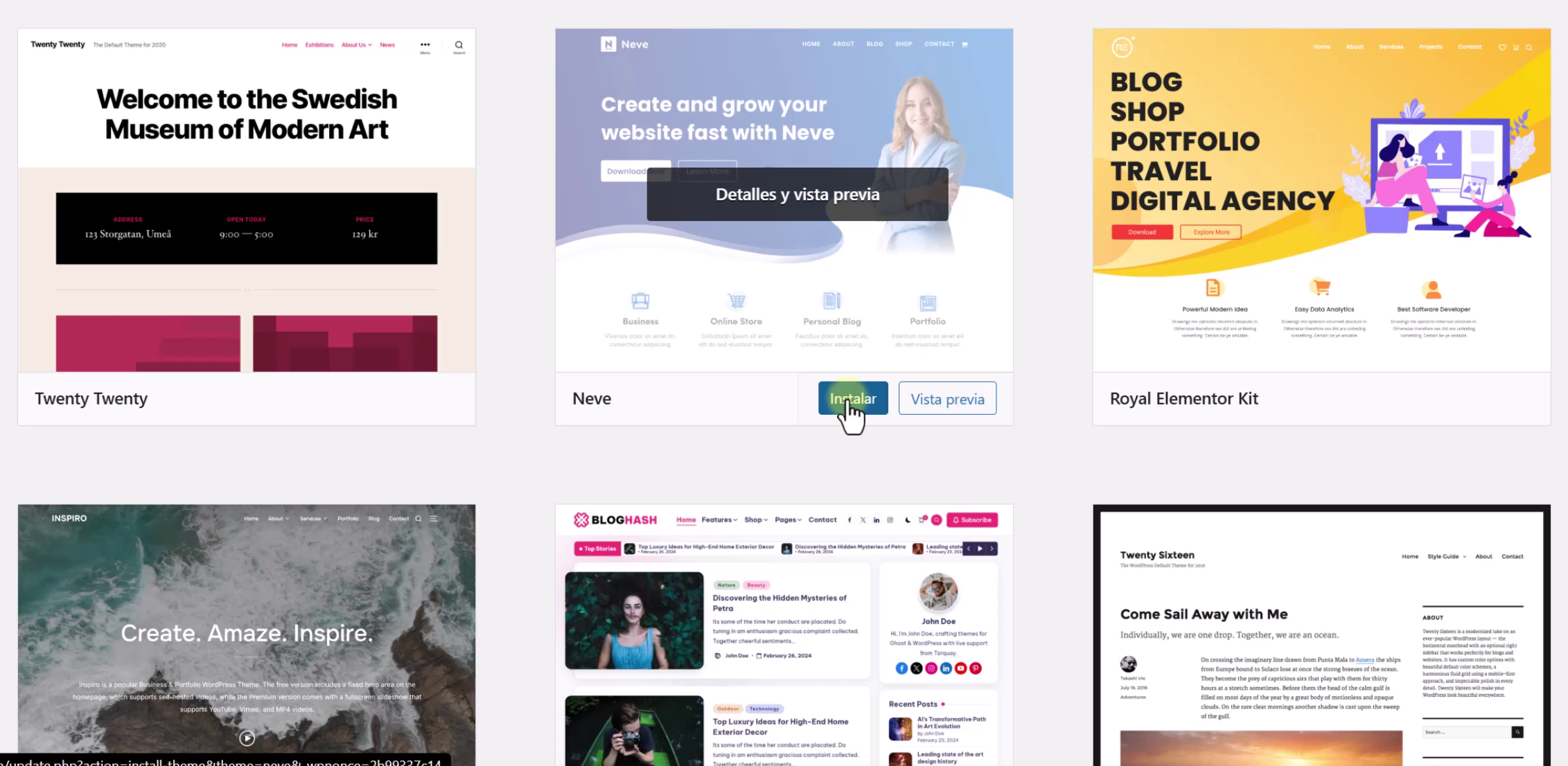 Instalar Tema Neve WordPress Repositorio de temas de WordPress buscando e instalando la plantilla gratuita Neve.
