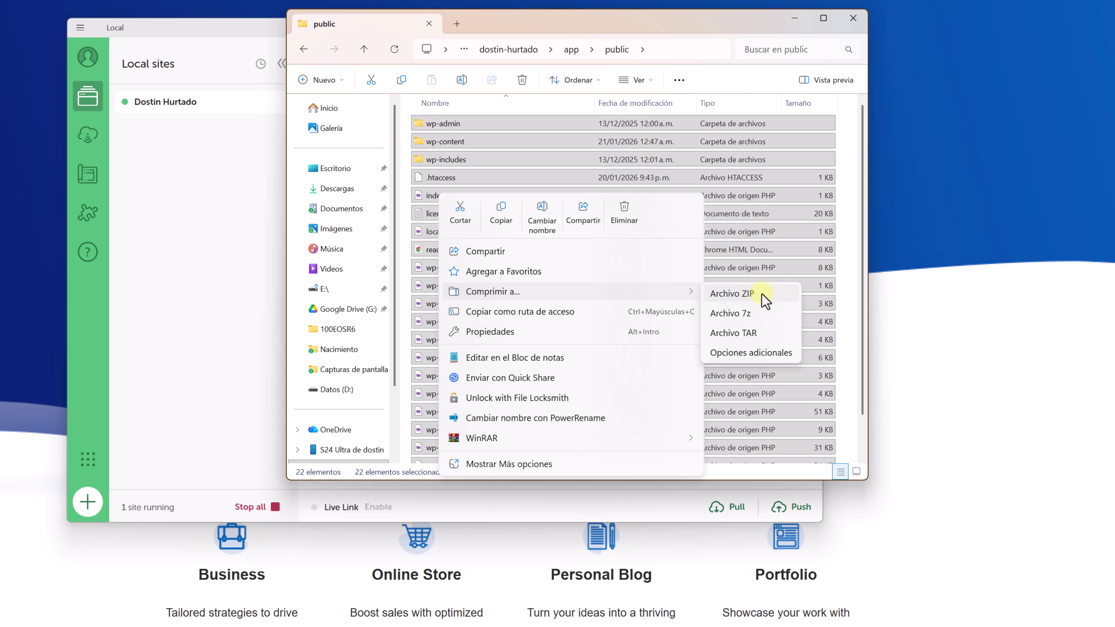 comprimir-archivos-wordpress-local Selección de archivos de WordPress local para comprimir en zip.