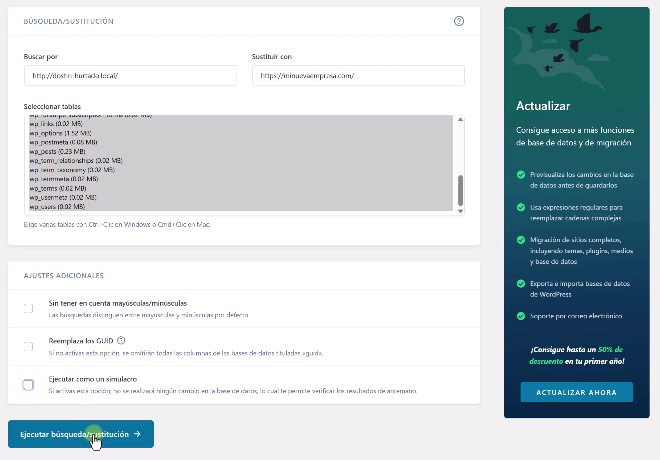 better-search-replace-actualizar-urls Reemplazar URL local por dominio real con Better Search Replace.