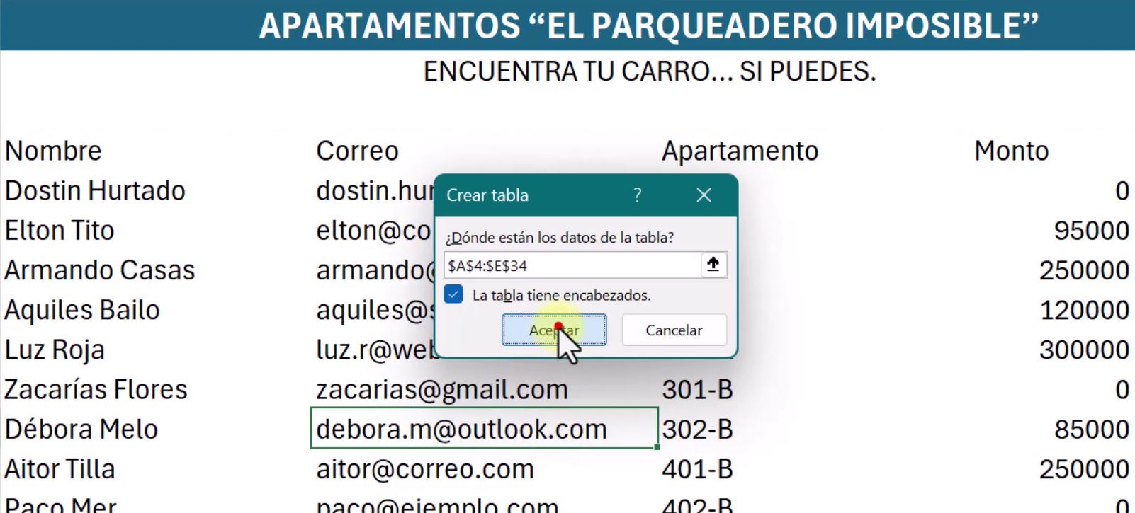 Configuración de tabla Excel para correos. Tabla de Excel configurada con columna de correo para envío masivo.
