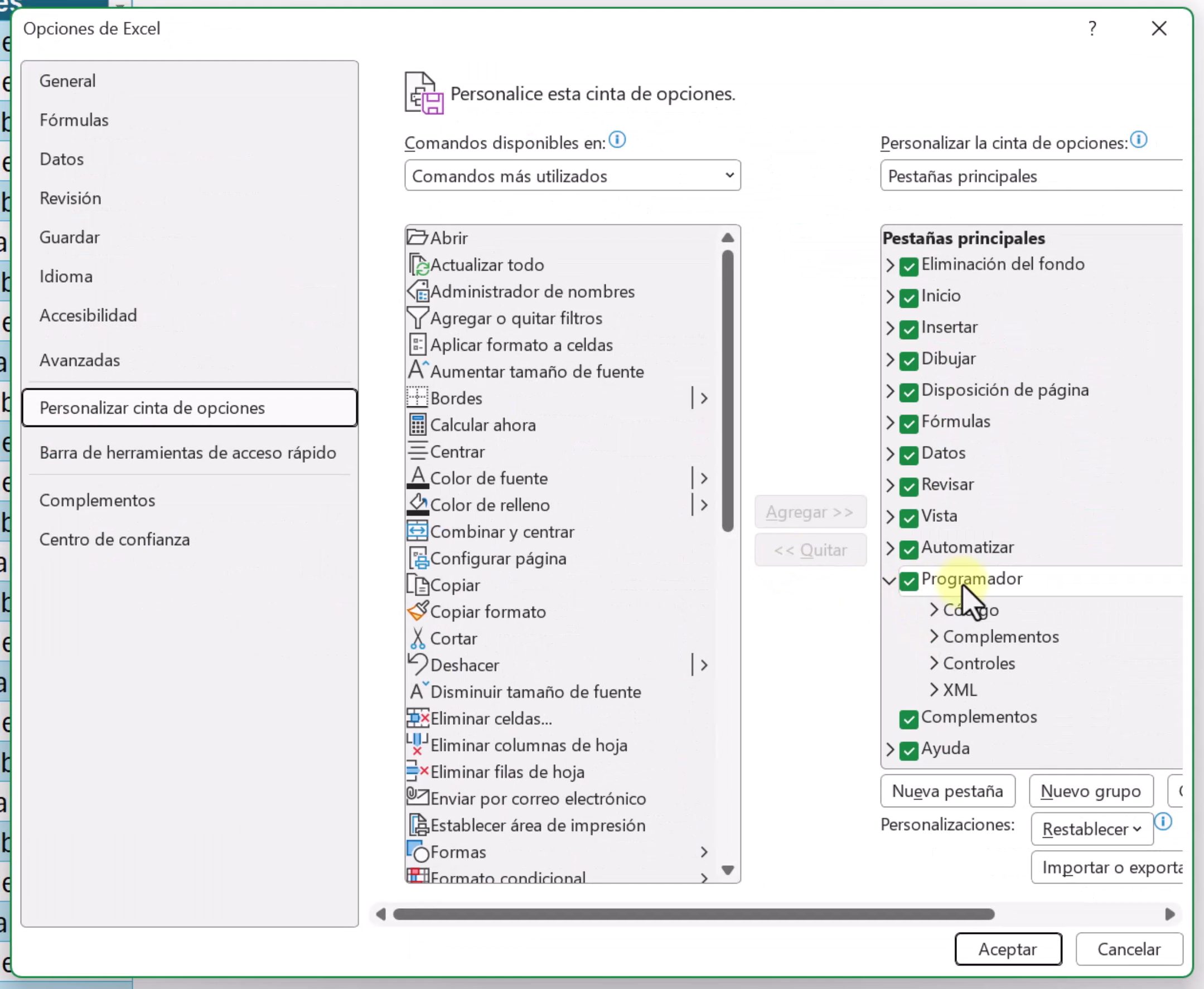 Activar pestaña Programador en Excel. Menú de opciones de Excel activando la pestaña Programador.