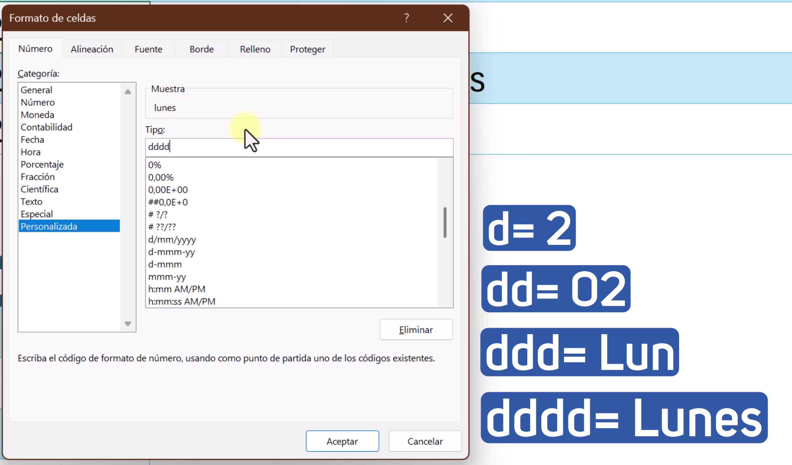 nomenclatura-fechas-excel Tabla explicativa de códigos de formato de fecha d, m y y en Excel.