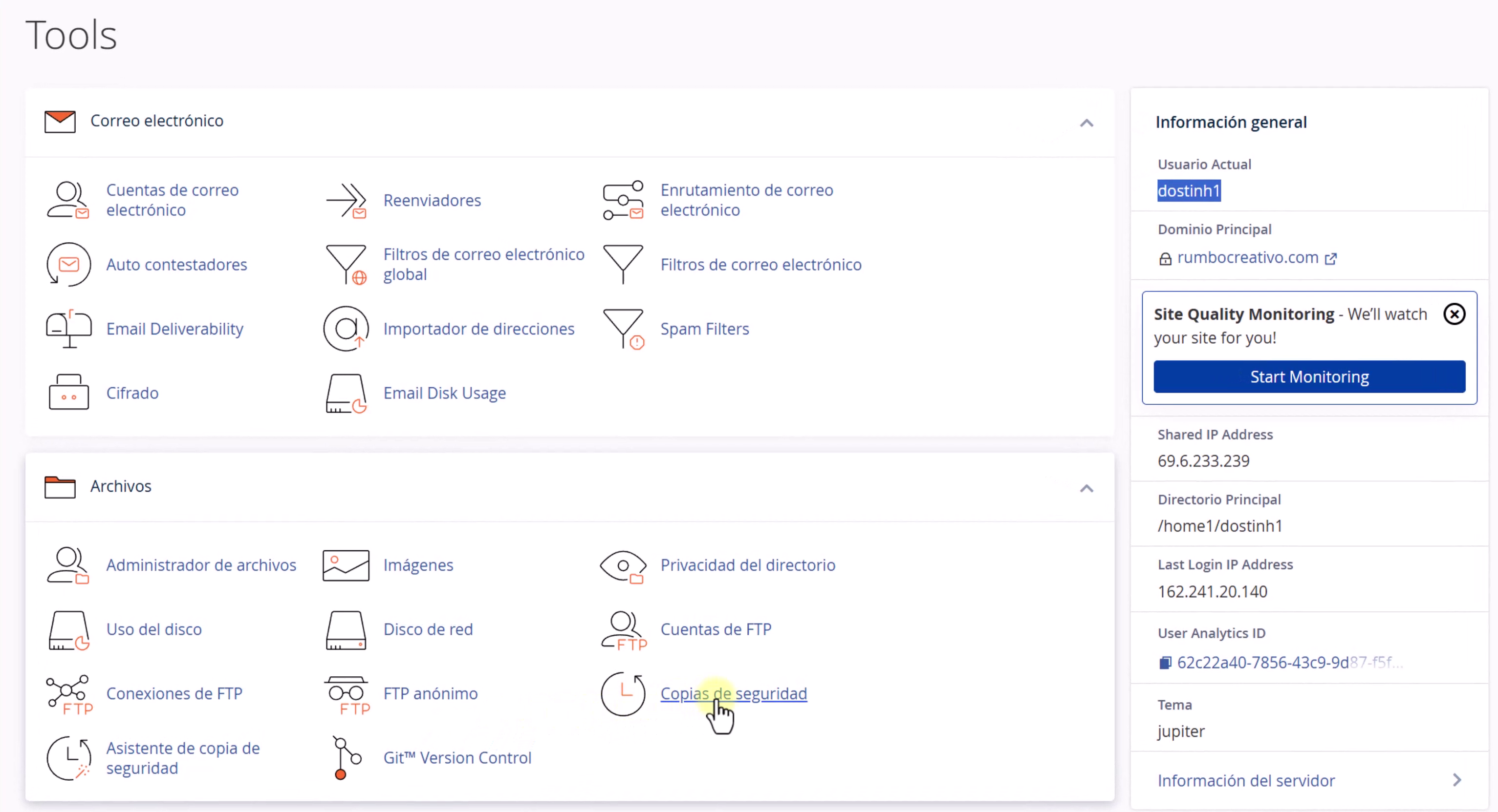 Sección de copias de seguridad en el panel de control cPanel