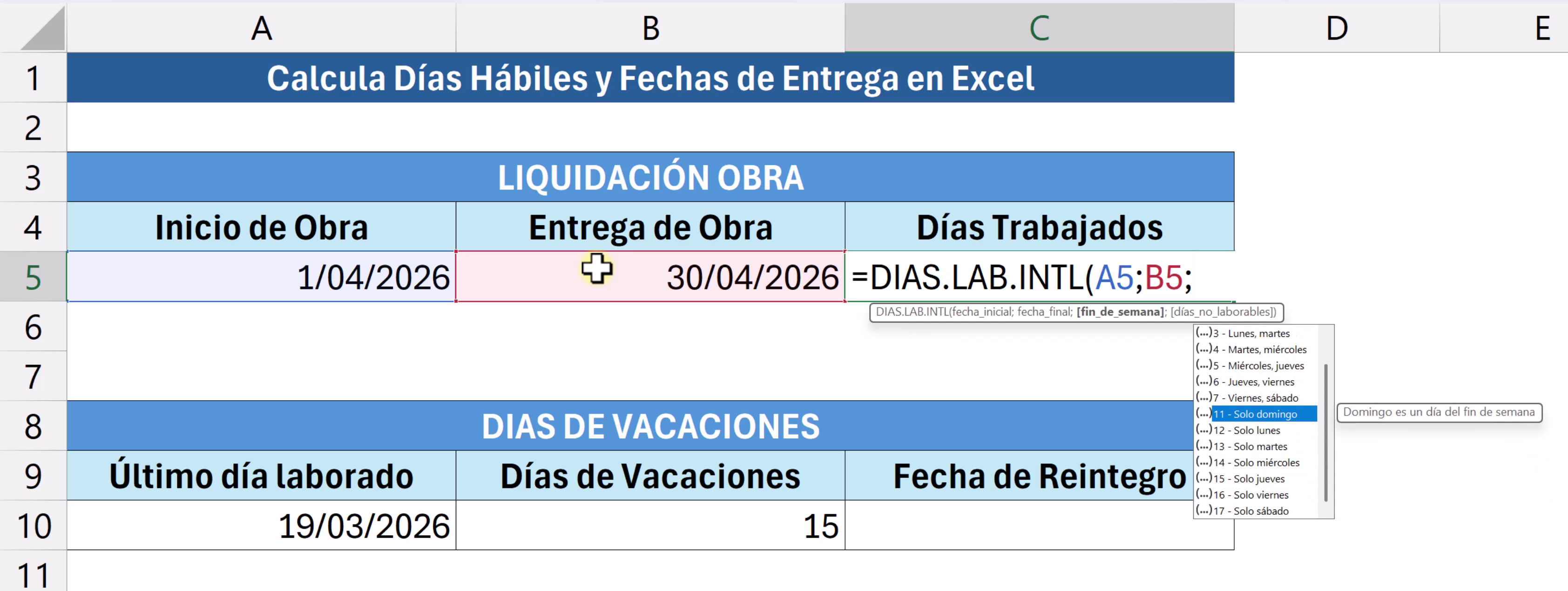 Menú de selección de fines de semana en la función DIAS.LAB.INTL de Excel.