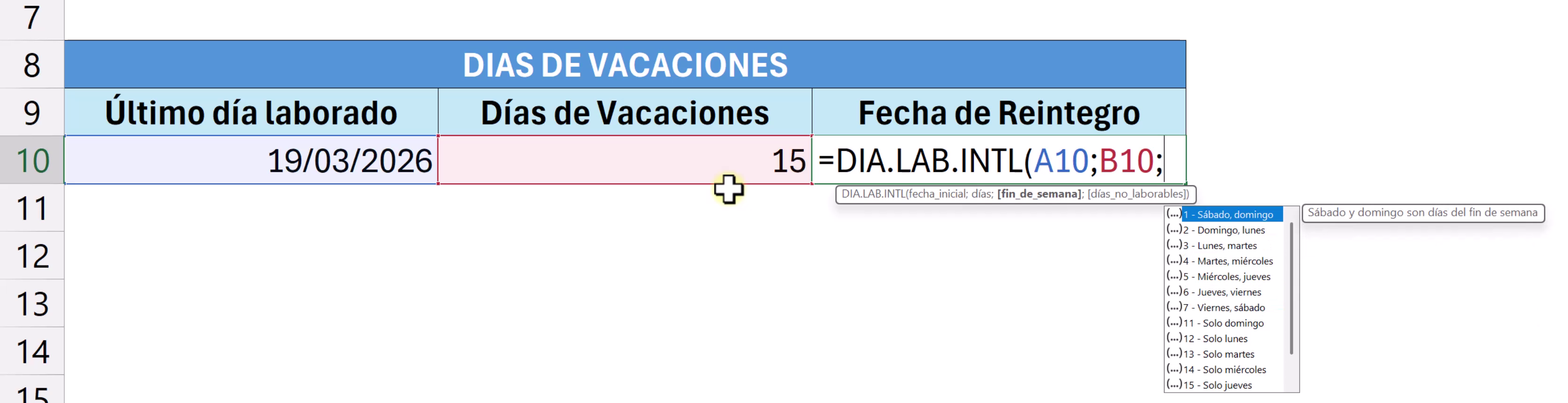 Selección de rango de celdas con fechas de festivos en Excel.