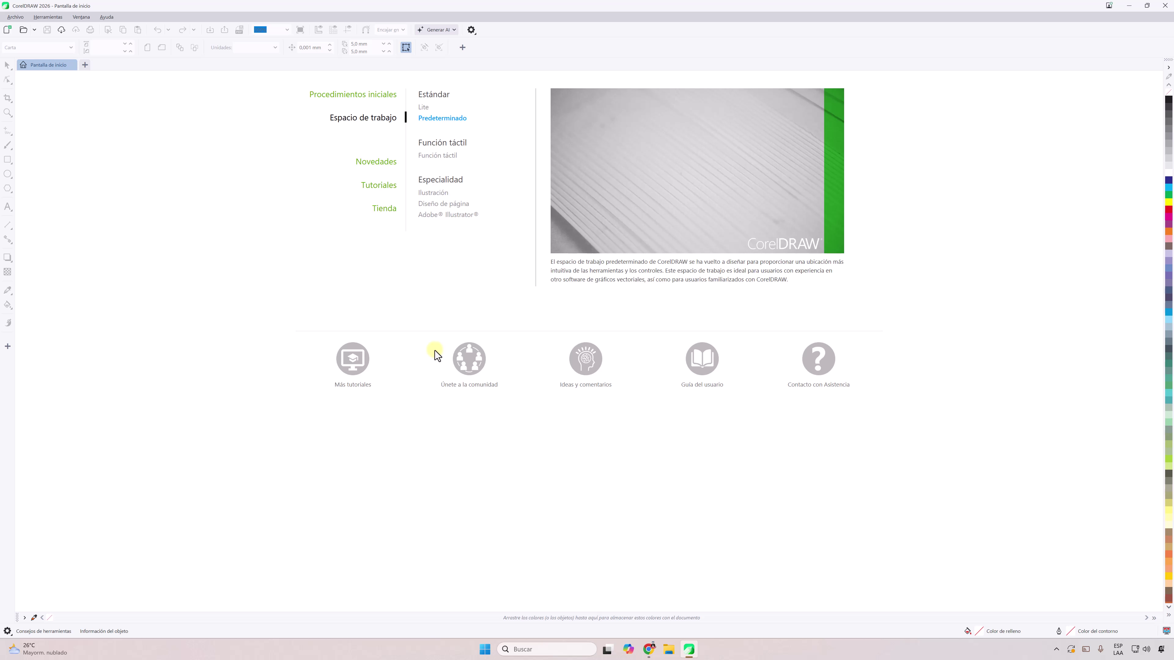 Una captura de pantalla de la interfaz de bienvenida de CorelDRAW 2026 mostrando el espacio de trabajo predeterminado tras la restauración.