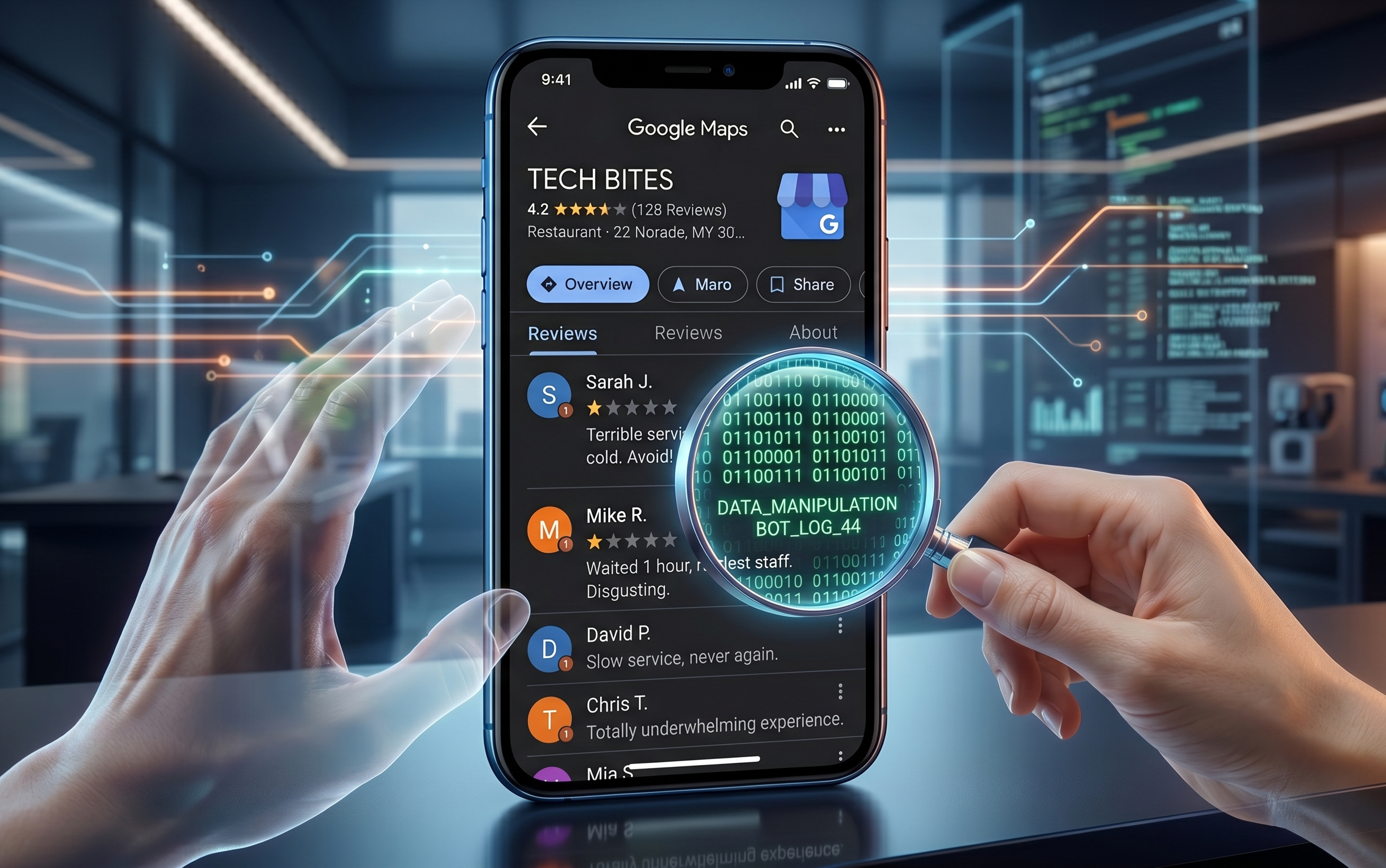 Ilustración digital de un smartphone con reseñas de Google analizadas por una lupa que revela códigos binarios tras el texto.