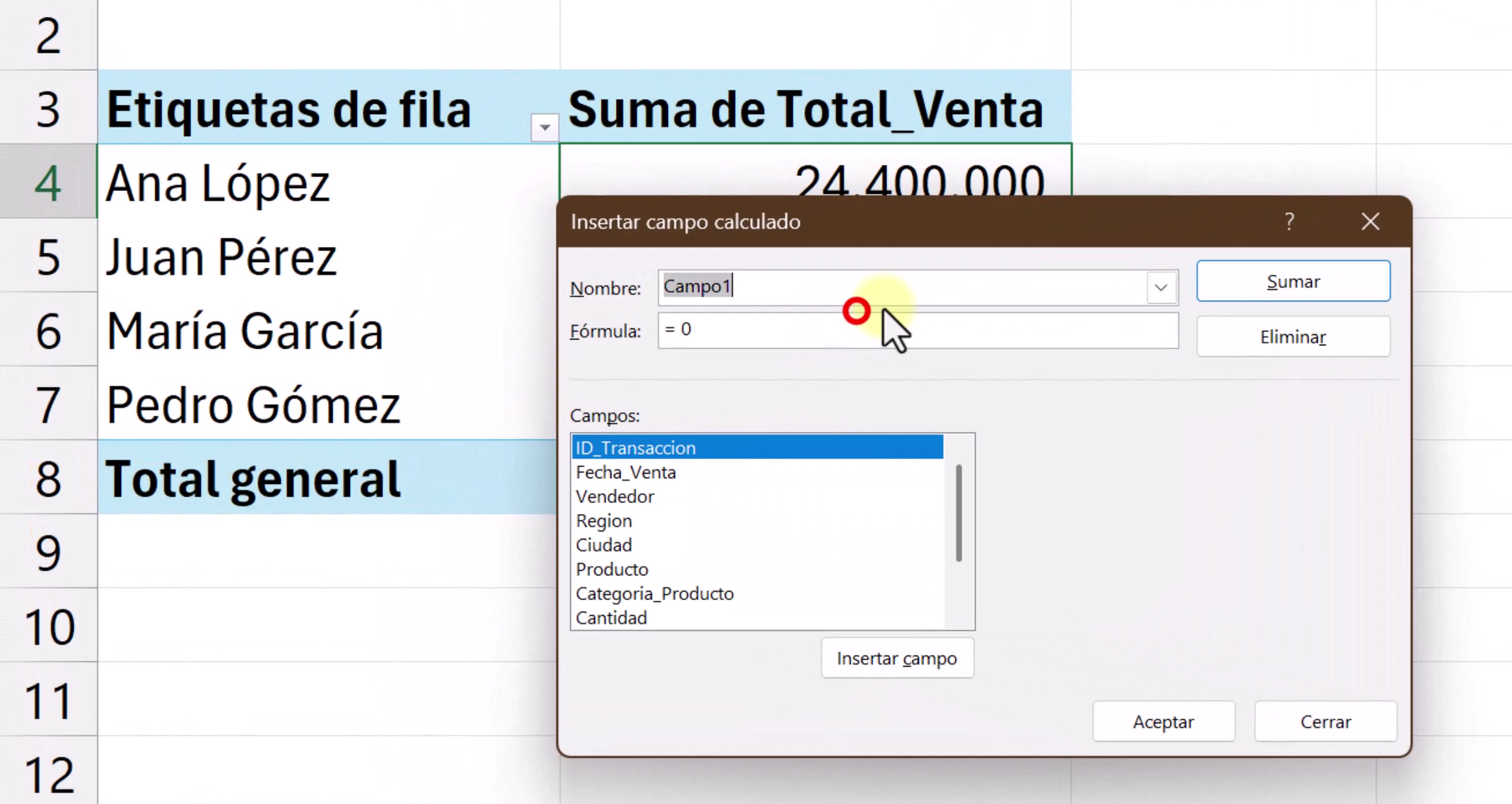 Ruta para encontrar la opción de campo calculado en Excel.