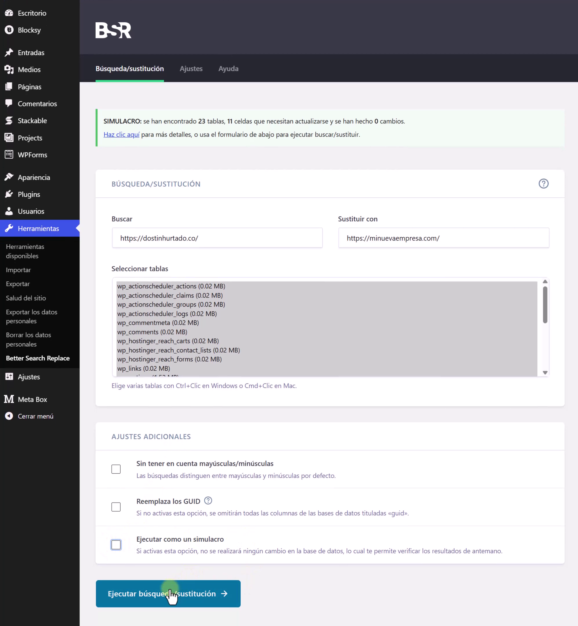 Plugin Better Search Replace reemplazando URLs antiguas.